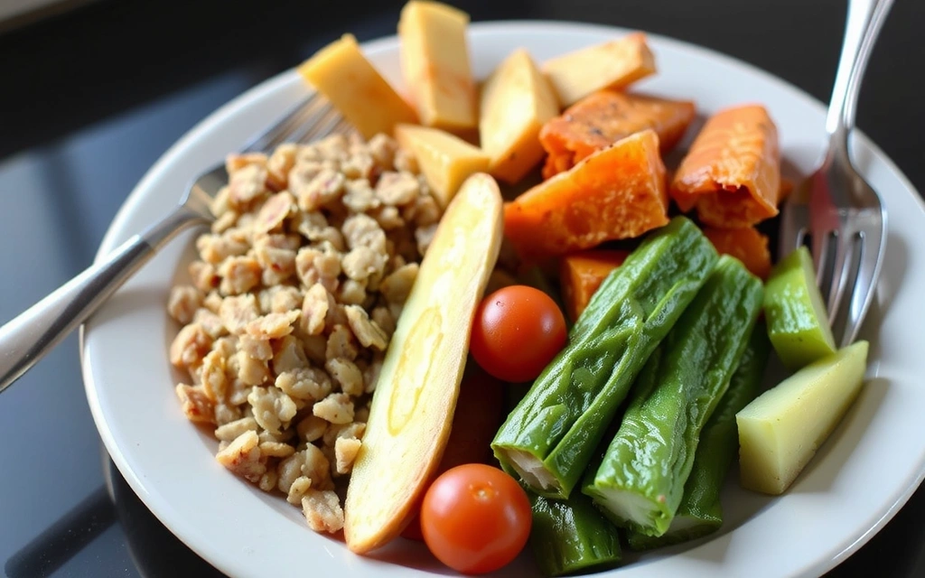 Imagen de un plato colorido y saludable con verduras frescas y proteínas.