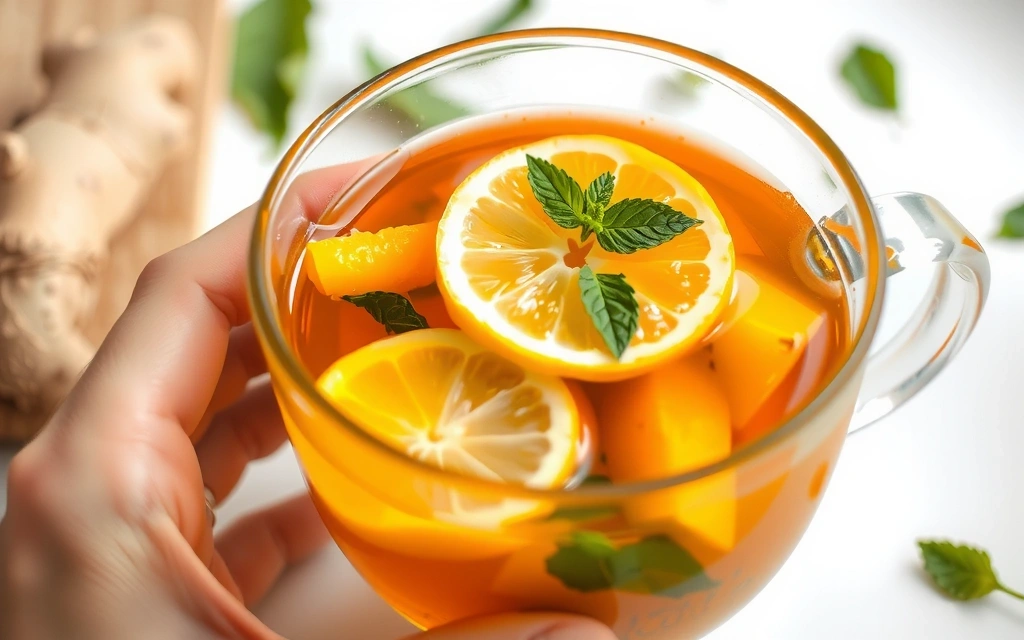 Taza de té de hierbas con ingredientes naturales como jengibre y limón.