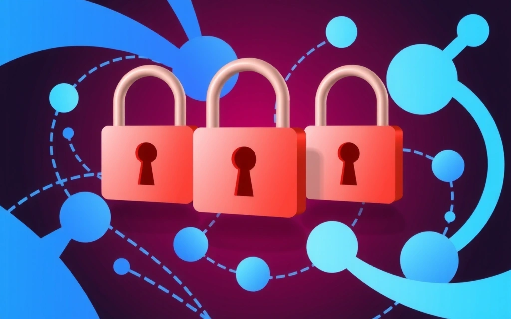 Ilustración de candados digitales y un laberinto, simbolizando la seguridad y protección de datos compartidos de forma controlada.