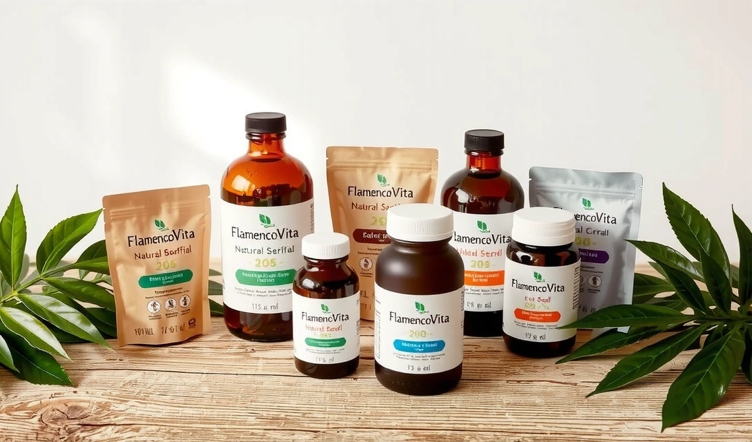 Variedad de productos naturales Flamencovitavb en un entorno sereno con hojas verdes
