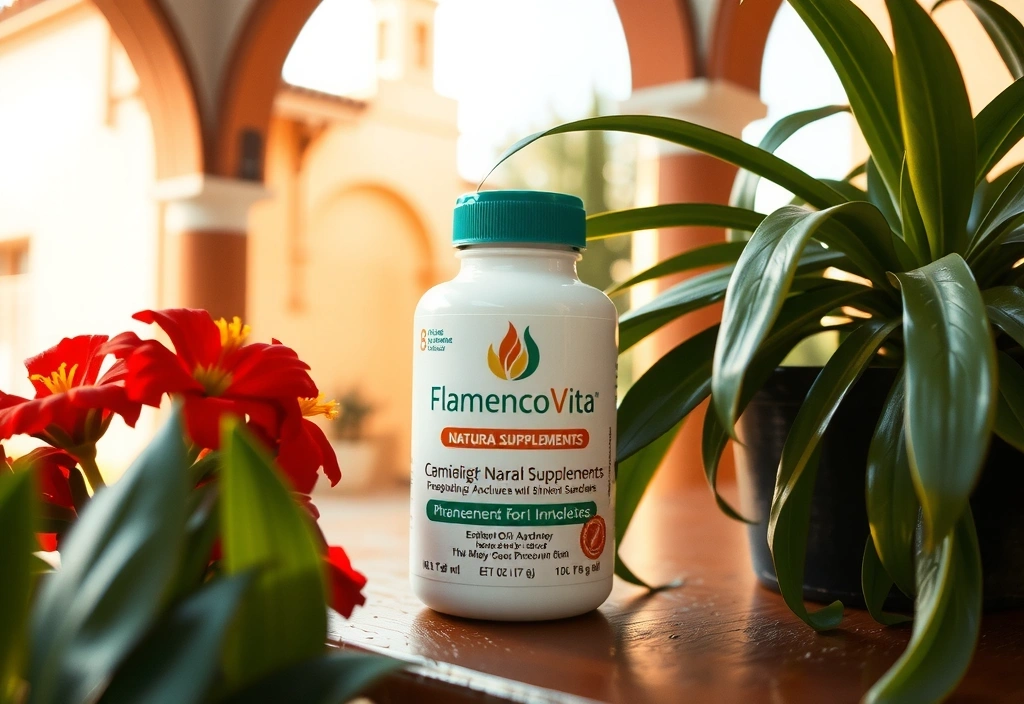 Botella de suplementos naturales de Flamencovitavb en un entorno natural andaluz, con luz cálida y elementos botánicos.