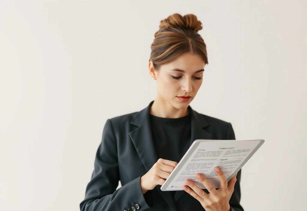 Mujer leyendo un documento legal con una expresión pensativa, representando la seriedad de los términos de servicio.